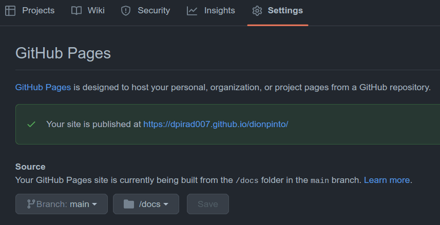 GitHub pages settings screenshot